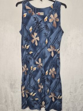 Vintage Hilo Hattie Blue Bamboo Japanese Kanji Allover Print Maxi Dress XL